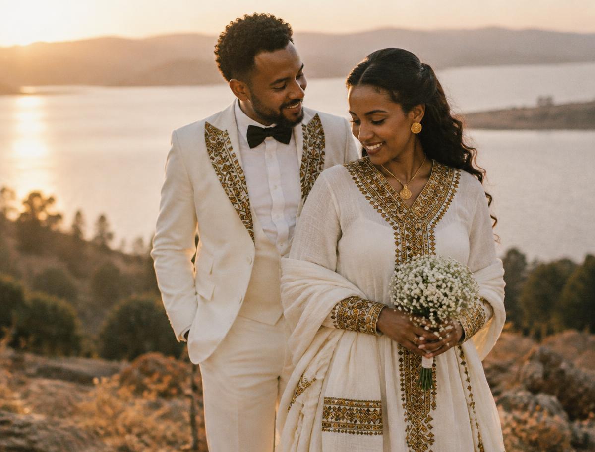 Wedding couple photographed at golden hour
